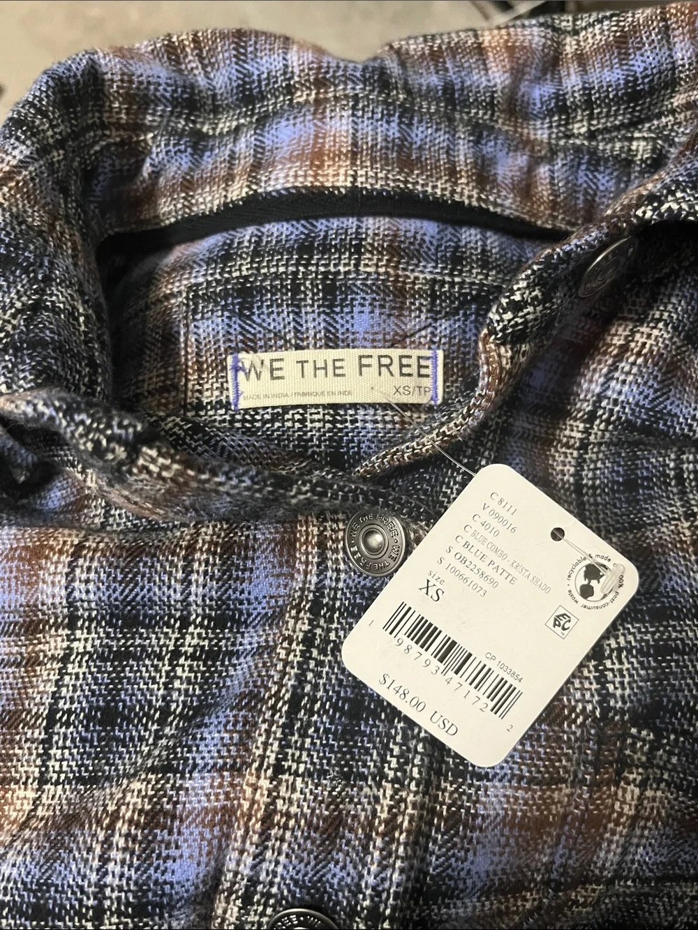 1541. FREE PEOPLE We The Free Ashley Flannel shirt in Blue Combo Sz XS NWT $148